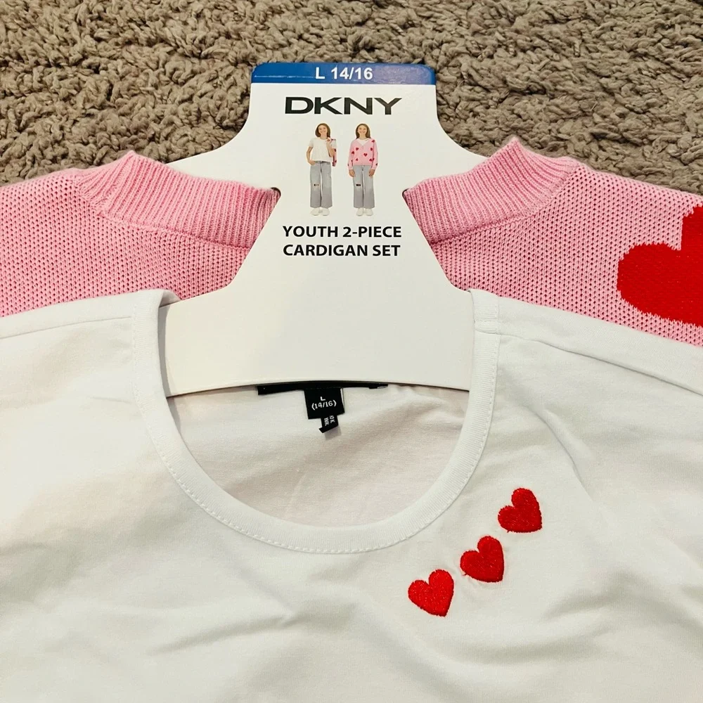 DKNY Pink and Red Hearts Cardigan with White T-shirt NEW